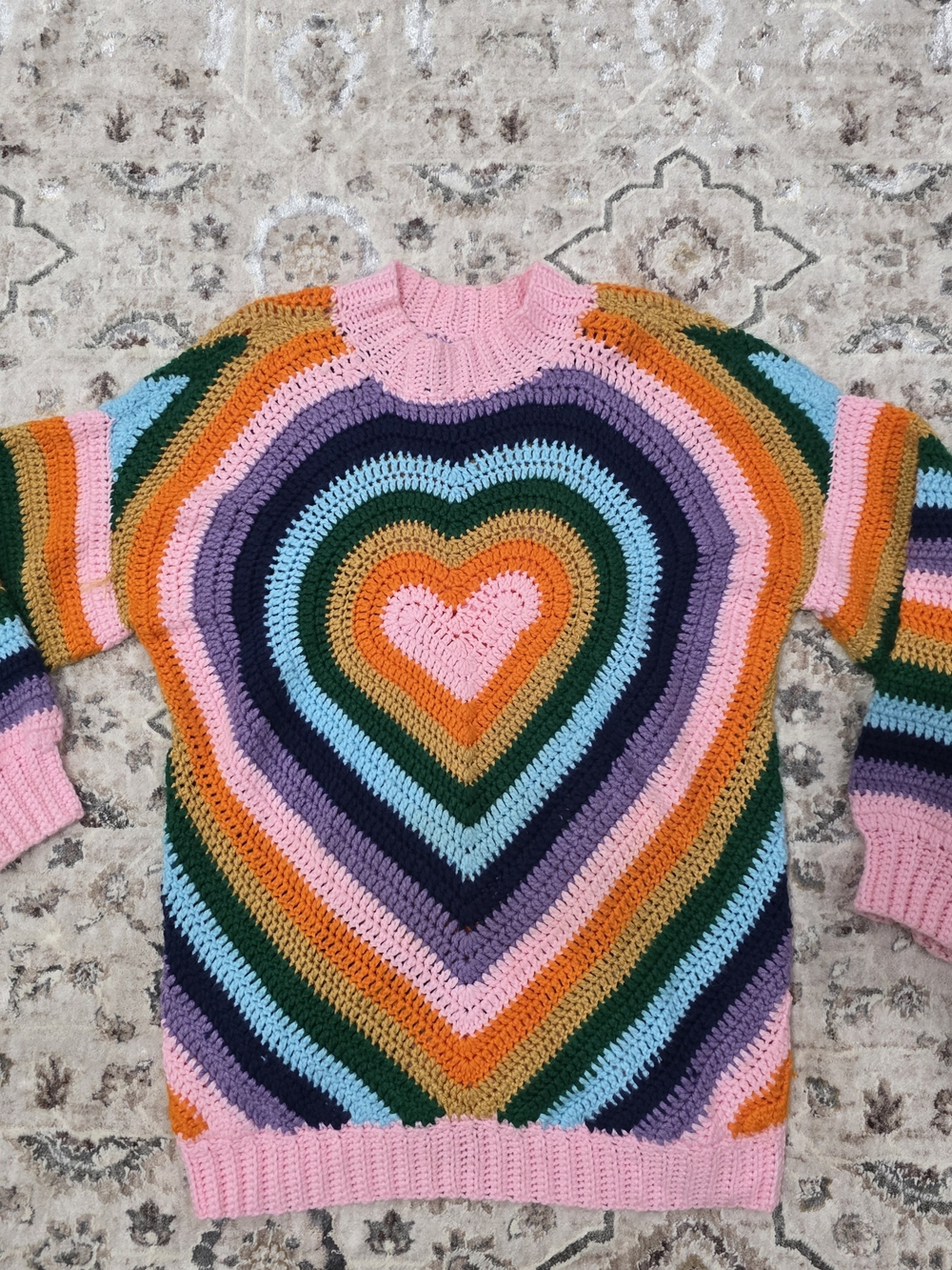Handmade Multicolor Heart Crochet Crewneck Sweater - Pink Accent